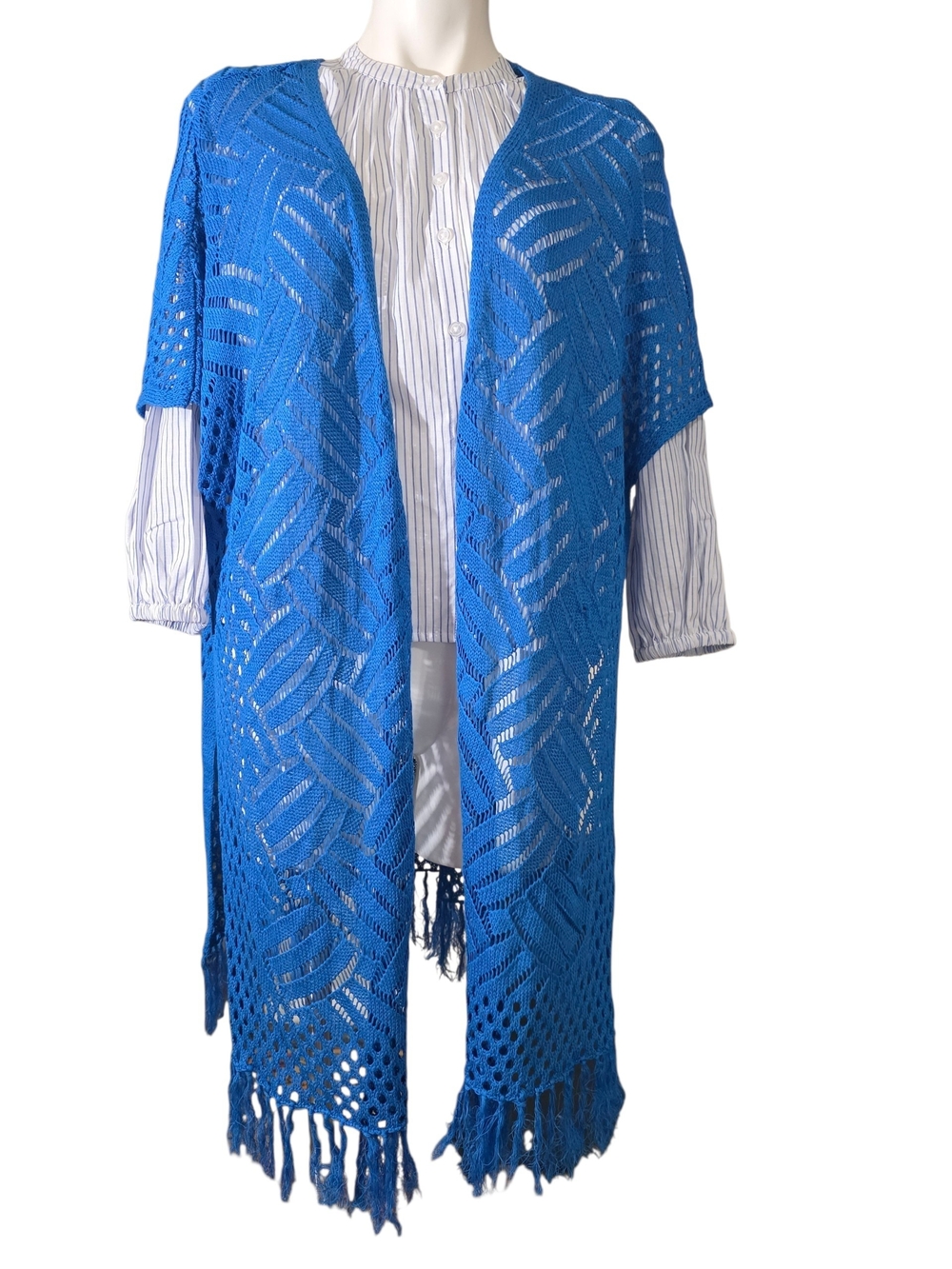Open Front Viscose Crochet Duster Cardigan in Bright Blue